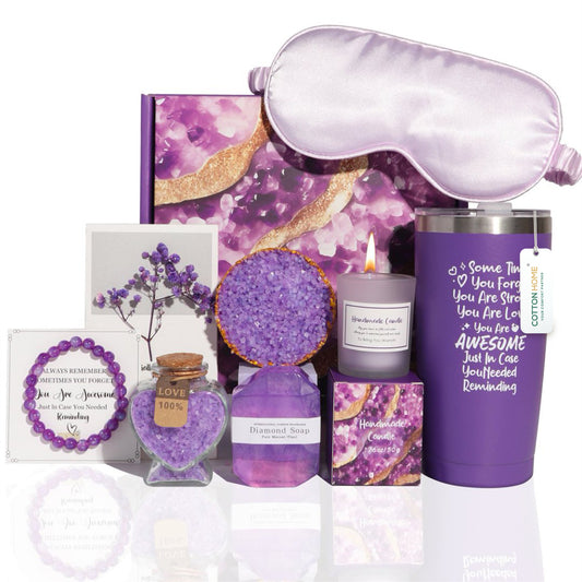 Bath Gift Box Set – Luxe Purple Spa Care Package with 8 Relaxing Self-Care Items for Women, Mom, Wife, Sister, Friends