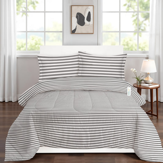 Premium Cotton 4PC Bedding Set Kids Comforter Set 160x220cm Grey Stripe