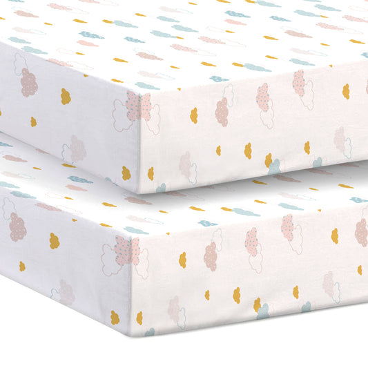 Premium Cotton 2PC Crib Sheets (120x60 cm) Soft, Breathable, Fitted Baby Mattress Sheets Pastel Clouds
