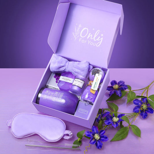 Bath Gift Box Set – Luxe Violet Spa Care Package with 9 Relaxing Self-Care Items for Women, Mom, Wife, Sister, Friends
