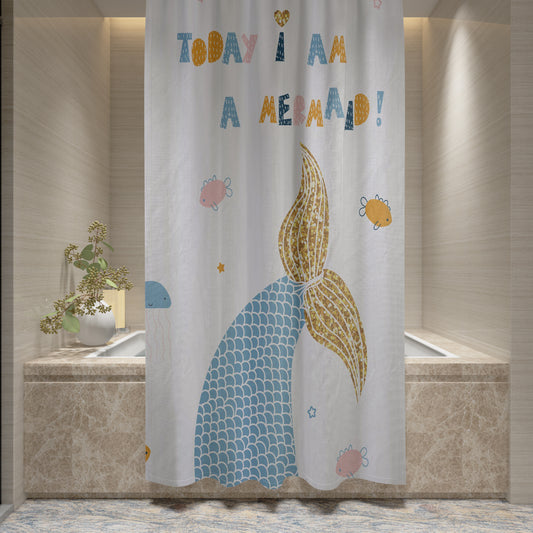 Shower Curtain Printed Fabric with Hooks 180x180 Cm - Mermaid - Cotton Home