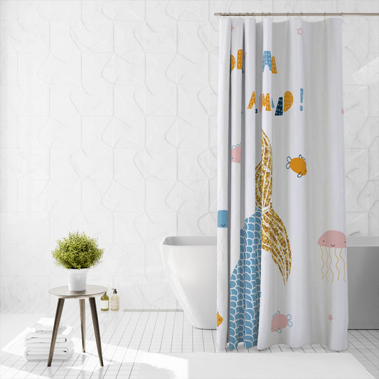 Shower Curtain Printed Fabric with Hooks 180x180 Cm - Mermaid - Cotton Home