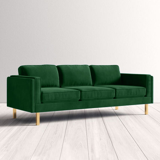 Nebula Green Velvet 3-Seater Sofa with Square Arms - Luxury Living Room Seating, L220cm x W86cm x H81cm - Cotton Home