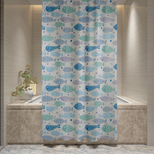 Shower Curtain Printed Fabric with Hooks 180x180 Cm - Aqua - Cotton Home