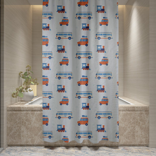 Shower Curtain Printed Fabric with Hooks 180x180 Cm - Transport - Cotton Home