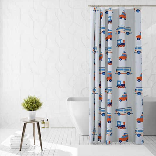 Shower Curtain Printed Fabric with Hooks 180x180 Cm - Transport - Cotton Home