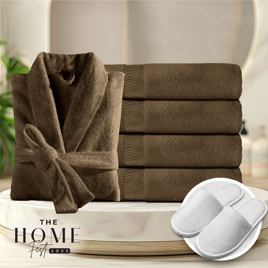 Home Fest 2025 Comfort Combo – 6PC Towels Bathrobe & Slippers Set-Brown