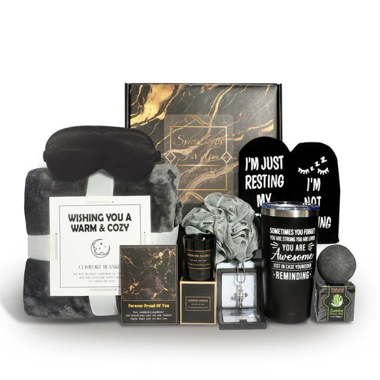 Bath Gift Box Set – Luxe Black Spa Care Package with 12 Relaxing Self-Care Items for Women, Mom, Wife, Sister, Friends