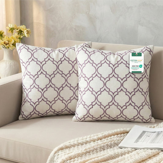 Embroidered Cotton Decorative Throw Pillows Pack of 2 - 45x45 cm Pink Modern Quatrefoil