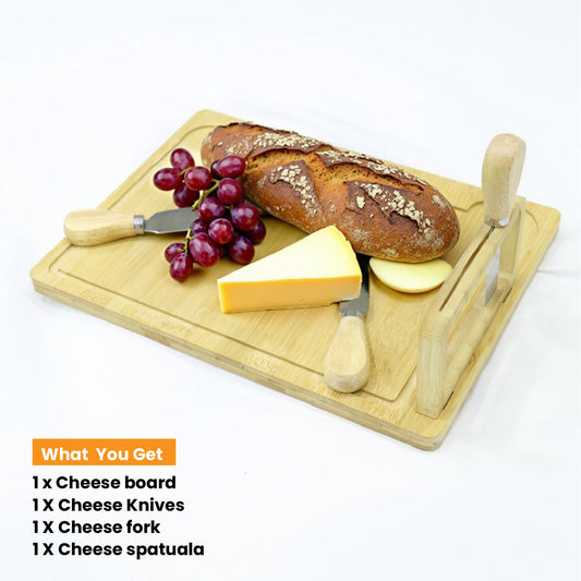 Bamboo Cheese Board & Serving Tray with 3 Stainless Steel Knives and Clasp Knife Holder