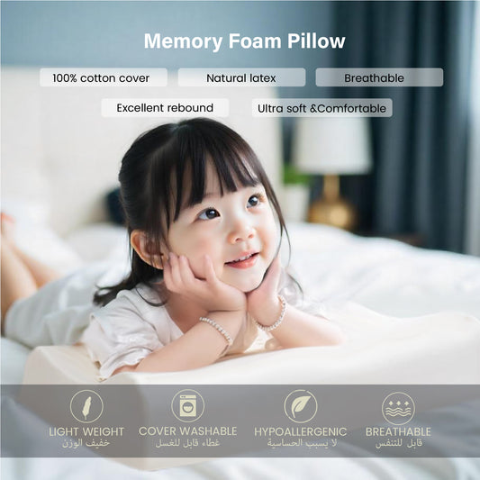 Kids Memory Foam Pillow with Breathable Light Blue Cover Soft & Ergonomic Support 38x27cm