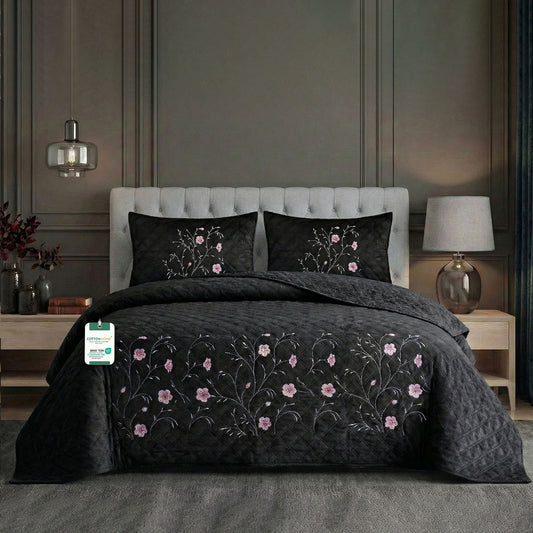 Velvet Quilt Set 3-Piece Diamond Quilted Bedspread Set 220×240cm with two pillow case Black