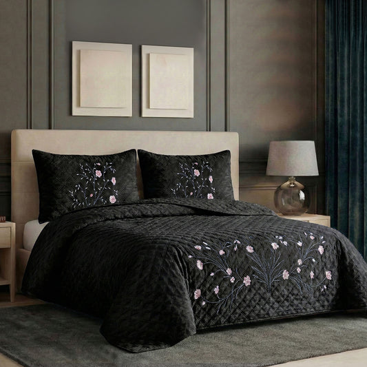 Velvet Quilt Set 3-Piece Diamond Quilted Bedspread Set 220×240cm with two pillow case Black