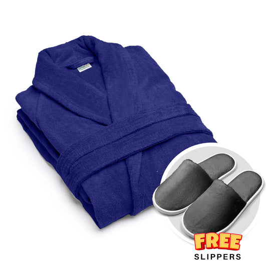 Premium Cotton Blue Terry Bathrobe with Pockets, One Size Fits All with Free Bath Slippers