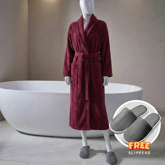 Premium Cotton Burgundy Terry Bathrobe with Pockets, One Size Fits All with Free Bath Slippers
