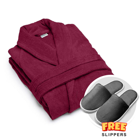 Premium Cotton Burgundy Terry Bathrobe with Pockets, One Size Fits All with Free Bath Slippers