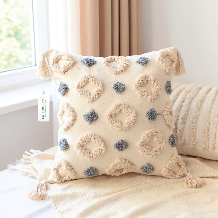 Boho Handcrafted Throw Pillow 45x45cm Geometric Embroidery Cushion with Rings Design
