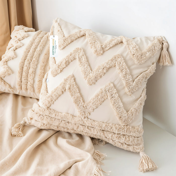 Boho Handcrafted Throw Pillow 45x45cm Geometric Embroidery Cushion with Wave Design