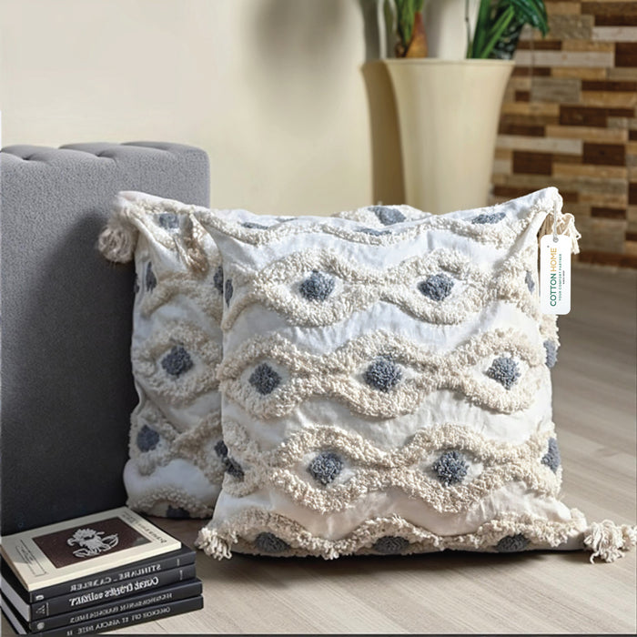Boho Handcrafted Throw Pillow 45x45cm Geometric Embroidery Cushion with Ripple Design