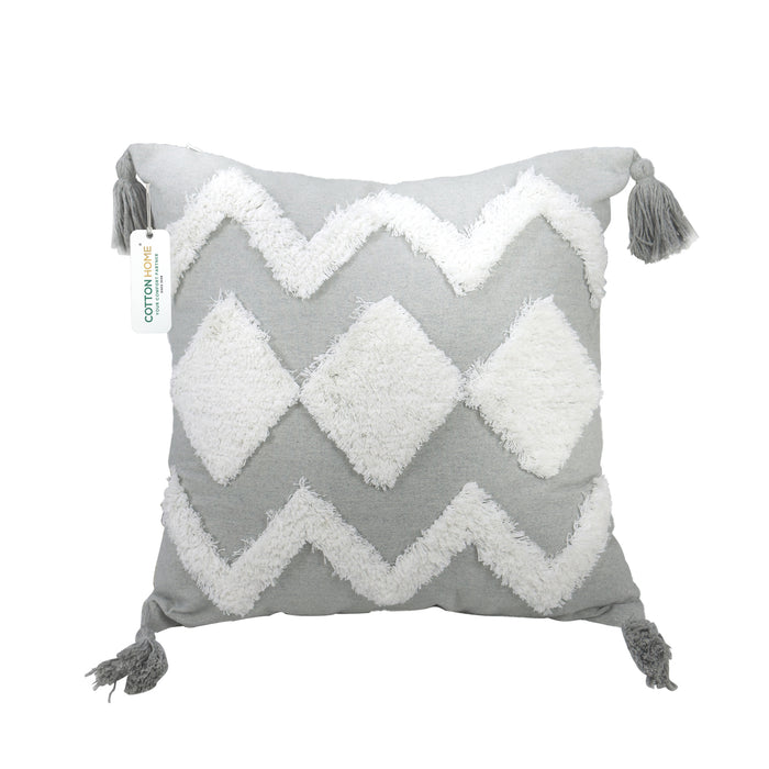 Boho Handcrafted Throw Pillow 45x45cm Geometric Embroidery Cushion with Grey Wave Design