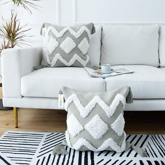Boho Handcrafted Throw Pillow 45x45cm Geometric Embroidery Cushion with Grey Wave Design