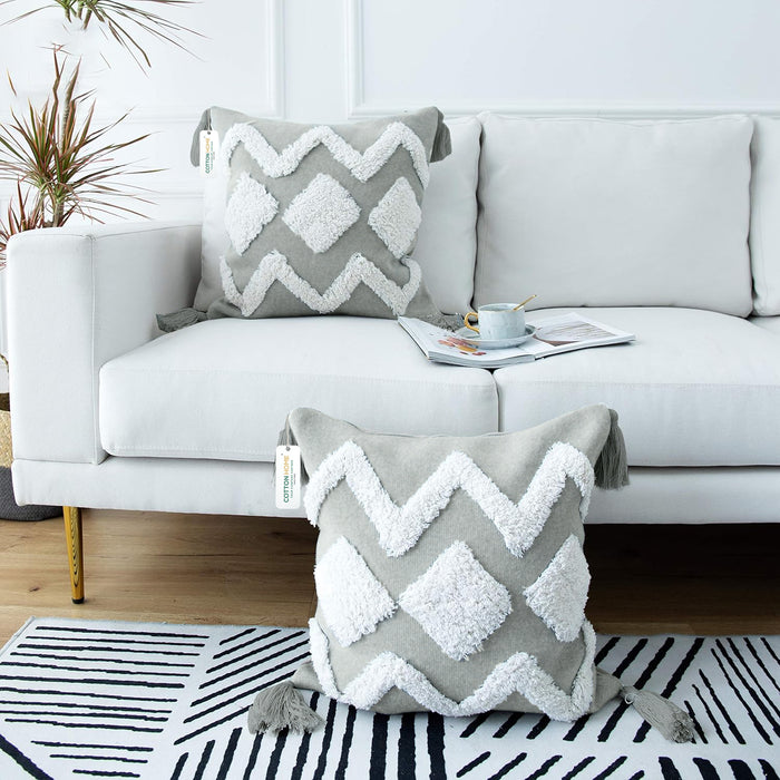 Boho Handcrafted Throw Pillow 45x45cm Geometric Embroidery Cushion with Grey Wave Design
