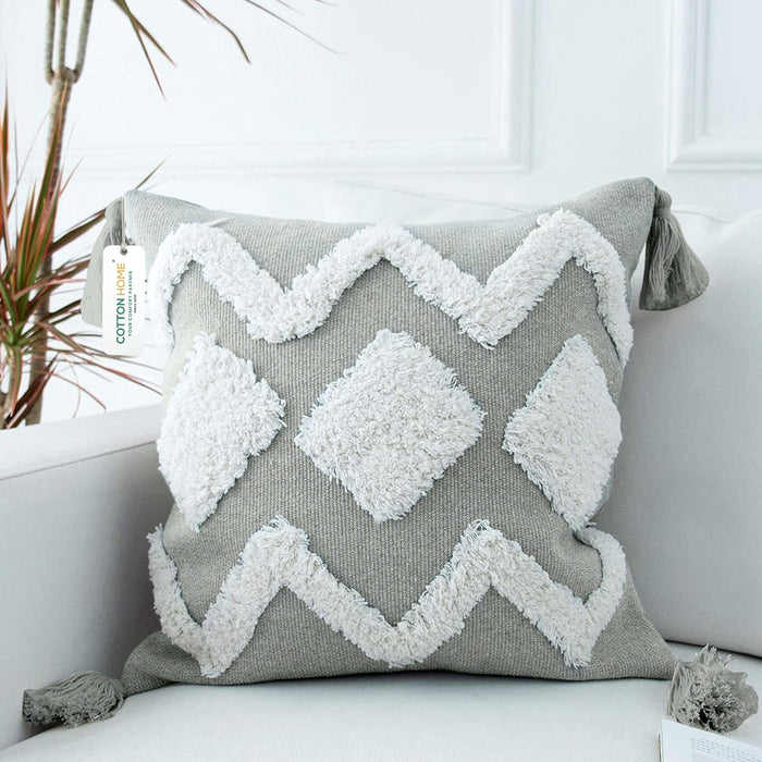 Boho Handcrafted Throw Pillow 45x45cm Geometric Embroidery Cushion with Grey Wave Design