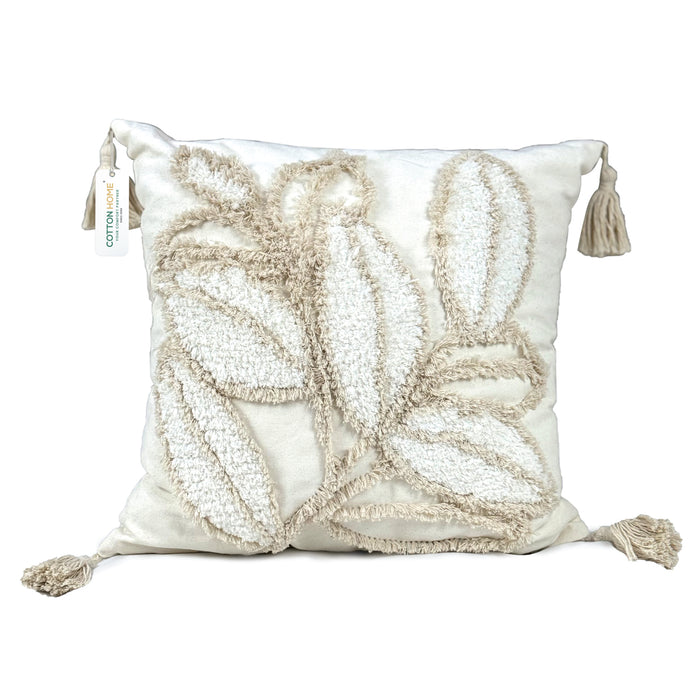 Boho Handcrafted Throw Pillow 45x45cm Geometric Embroidery Cushion with Leaves Design