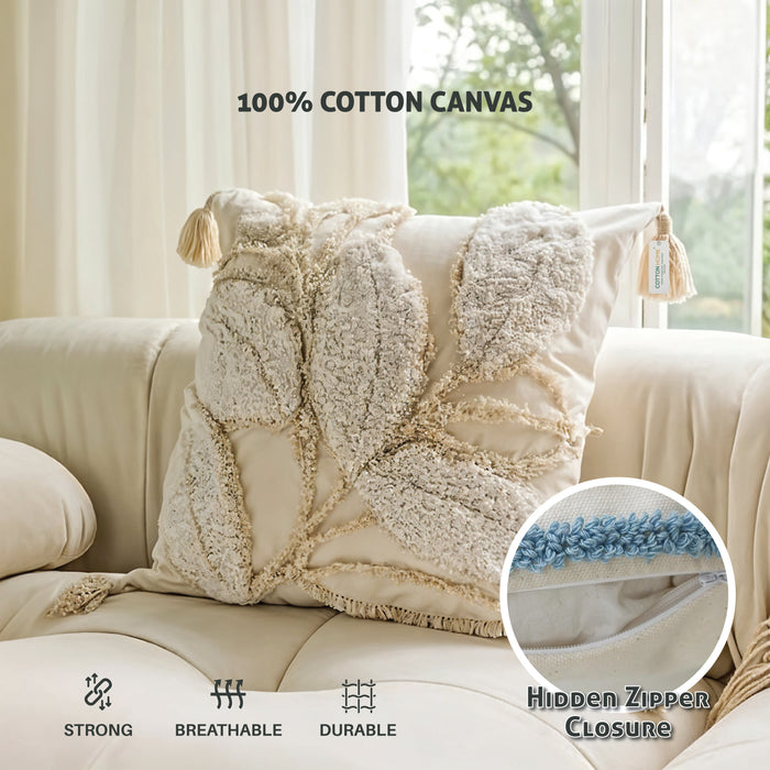 Boho Handcrafted Throw Pillow 45x45cm Geometric Embroidery Cushion with Leaves Design