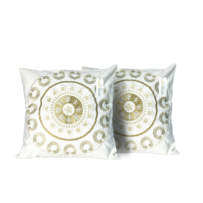 Embroidered Cushion - 100% Cotton Canvas, 45x45cm | Ivory Floral Pattern | Set of 2 | Cotton Home - Cotton Home
