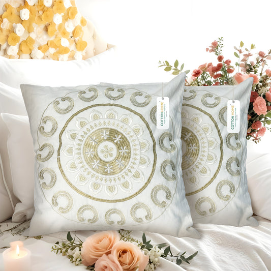 Embroidered Cushion - 100% Cotton Canvas, 45x45cm |  Ivory Floral Pattern | Cotton Home - Cotton Home