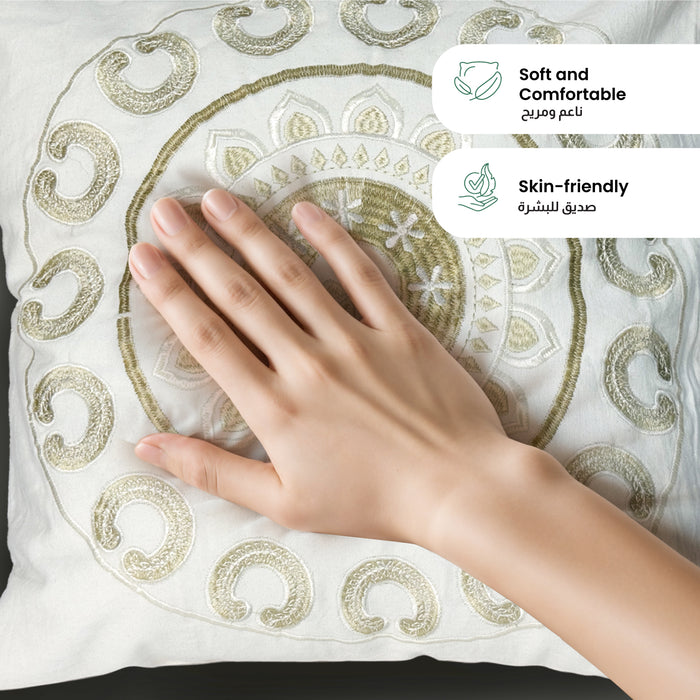 Embroidered Cushion - 100% Cotton Canvas, 45x45cm |  Ivory Floral Pattern | Cotton Home - Cotton Home