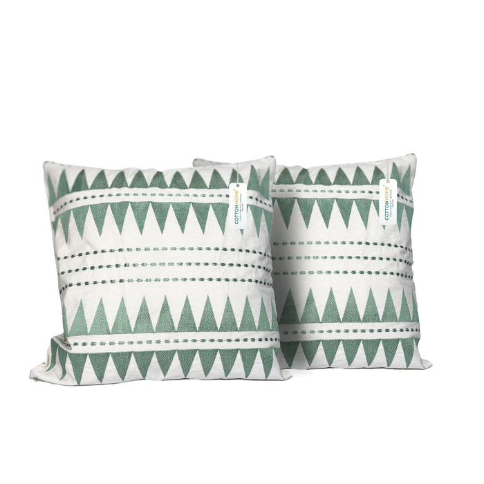 Embroidered Cushion - 100% Cotton Canvas, 45x45cm | Green Triangle Pattern | Set of 2 - Cotton Home
