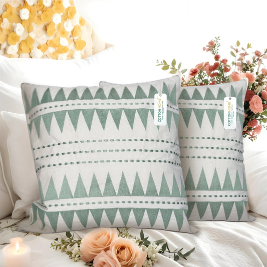 Embroidered Cushion - 100% Cotton Canvas, 45x45cm |  Green Triangle Pattern | Cotton Home - Cotton Home