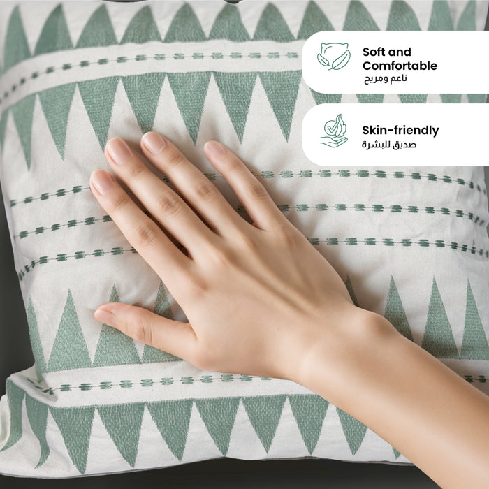 Embroidered Cushion - 100% Cotton Canvas, 45x45cm |  Green Triangle Pattern | Cotton Home - Cotton Home