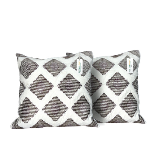 Embroidered Cushion - 100% Cotton Canvas, 45x45cm |  Brown Rhombus Pattern | Set of 2 - Cotton Home