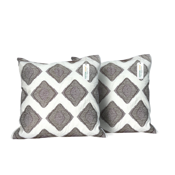 Embroidered Cushion - 100% Cotton Canvas, 45x45cm | Brown Rhombus Pattern | Set of 2 - Cotton Home