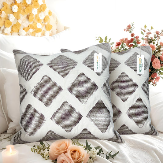 Embroidered Cushion - 100% Cotton Canvas, 45x45cm |  Brown Rhombus Pattern | Cotton Home - Cotton Home