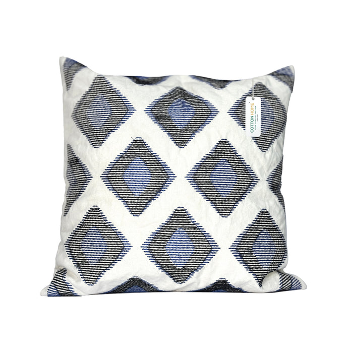 Embroidered Cushion - 100% Cotton Canvas, 45x45cm | Blue Rhombus Pattern | Cotton Home - Cotton Home