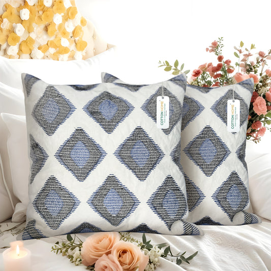 Embroidered Cushion - 100% Cotton Canvas, 45x45cm |  Blue Rhombus Pattern | Cotton Home - Cotton Home