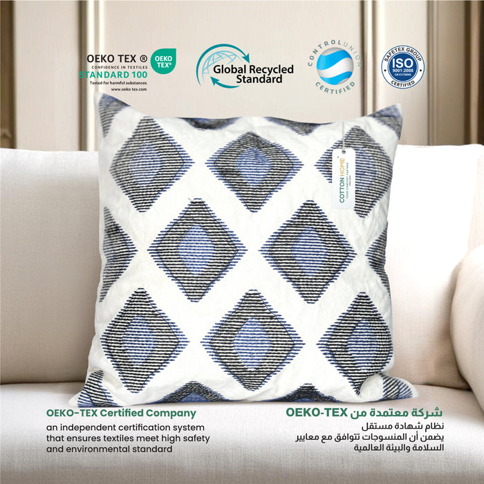 Embroidered Cushion - 100% Cotton Canvas, 45x45cm |  Blue Rhombus Pattern | Cotton Home - Cotton Home