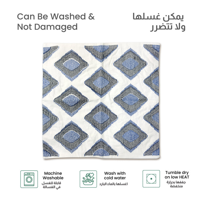 Embroidered Cushion - 100% Cotton Canvas, 45x45cm |  Blue Rhombus Pattern | Cotton Home - Cotton Home