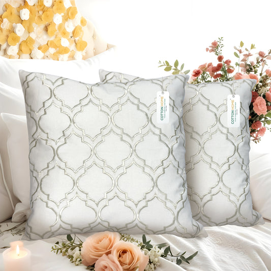 Embroidered Cushion - 100% Cotton Canvas, 45x45cm |  Ivory Modern Quatrefoil Geometric | Cotton Home - Cotton Home