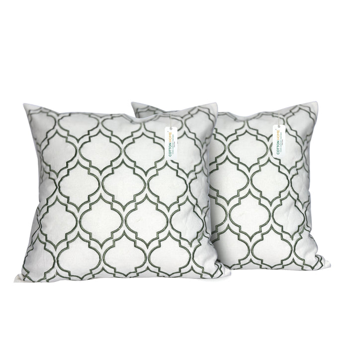 Embroidered Cushion - 100% Cotton Canvas, 45x45cm | Green Modern Quatrefoil Geometric | Set of 2 - Cotton Home