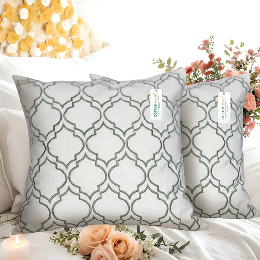 Embroidered Cushion - 100% Cotton Canvas, 45x45cm |  Green Modern Quatrefoil Geometric | Cotton Home - Cotton Home