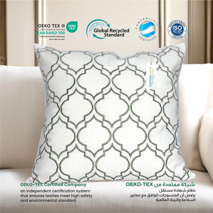 Embroidered Cushion - 100% Cotton Canvas, 45x45cm |  Green Modern Quatrefoil Geometric | Cotton Home - Cotton Home