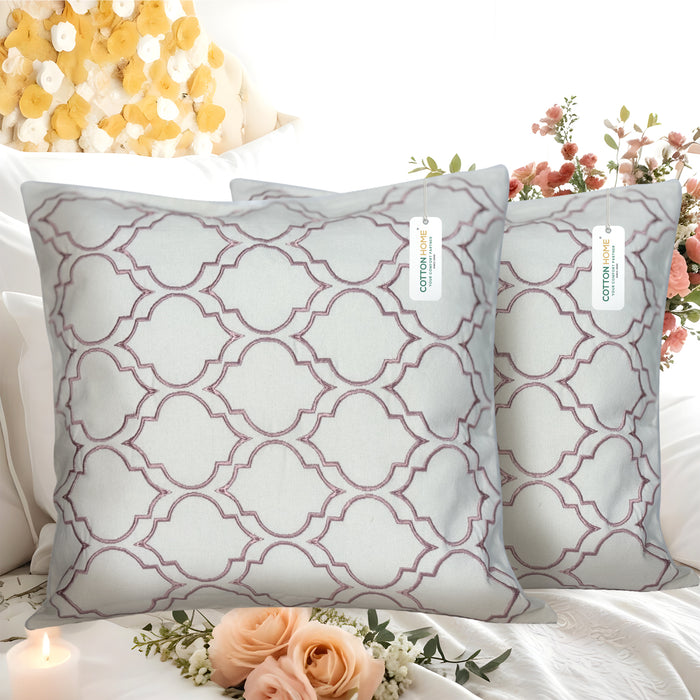 Embroidered Cushion - 100% Cotton Canvas, 45x45cm |  Pink Modern Quatrefoil Geometric | Cotton Home - Cotton Home