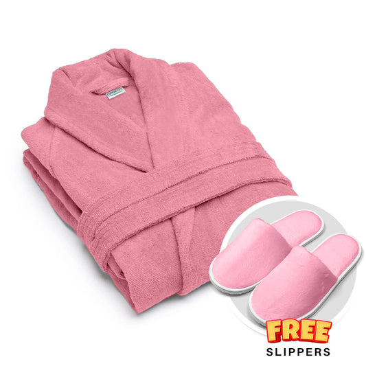 Premium Cotton Rose Pink Terry Bathrobe with Pockets, One Size Fits All with Free Bath Slippers