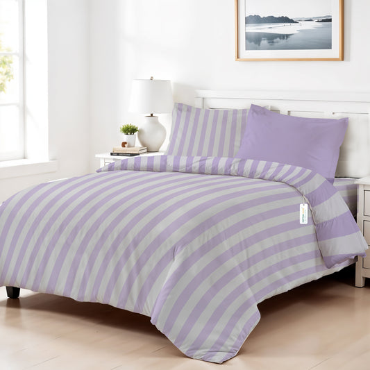 4PC Kids Duvet Cover Set – 160x220 Lavender Stripe Design 100% Premium Cotton