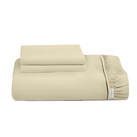 3 Piece Fitted Sheet Set Super Soft Beige Single Size 90x200+20cm with 2 Pillow Case - Cotton Home